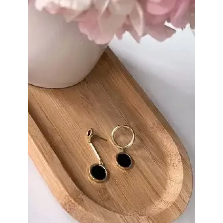 Серьги асимметрия двойной круг  с черной эмалью в золоте Meduza Crystal