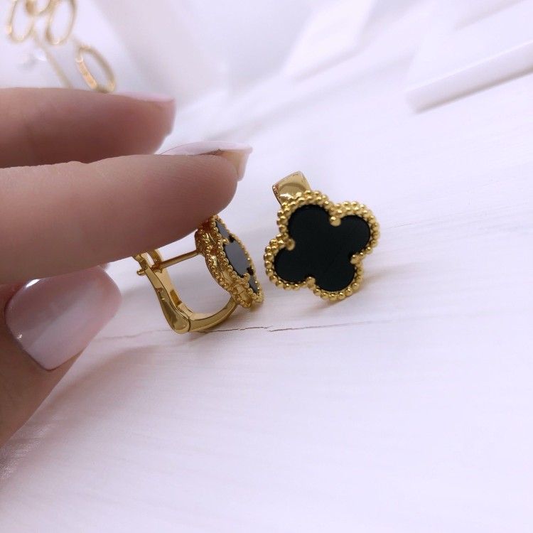 Серьги Ванклиф золотистые с черной вставкой на английском замке Meduza Crystal