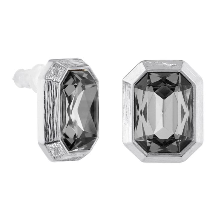 Серьги прямоугольные с чёрным  цирконом серебристые Meduza Crystal