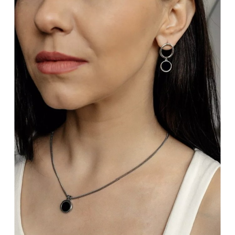 Серьги асимметрия двойной круг  с черной эмалью в серебре Meduza Crystal