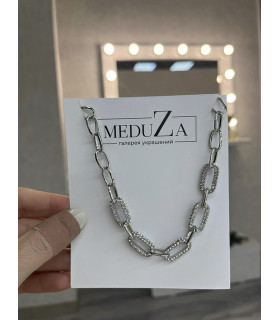 Подвеска цепь с цирконами серебристая