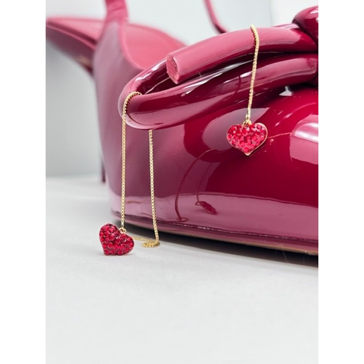 Серьги протяжки сердечко маленькое в золоте с красными цирконами Meduza Crystal