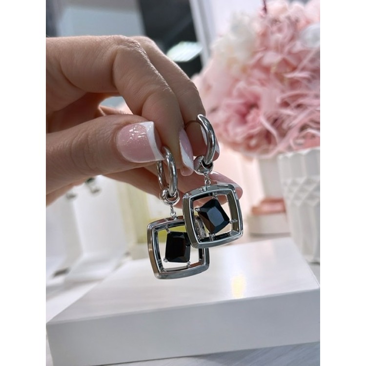 Серьги квадраты с чёрным цирконом в белом золоте Meduza Crystal