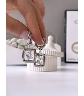 Серьги Квадраты с белым цирконом в серебре