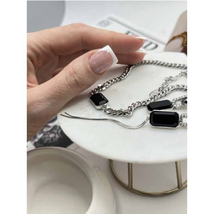 Подвеска цепь с чёрным цирконом в серебре Meduza Crystal