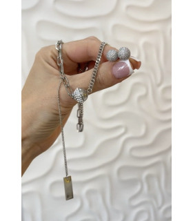 Подвеска цепь магнитный шар серебристый с россыпью цирконов 