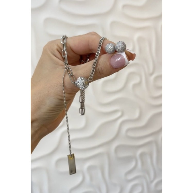 Серьги Шар серебристые с россыпью цирконов Meduza Crystal