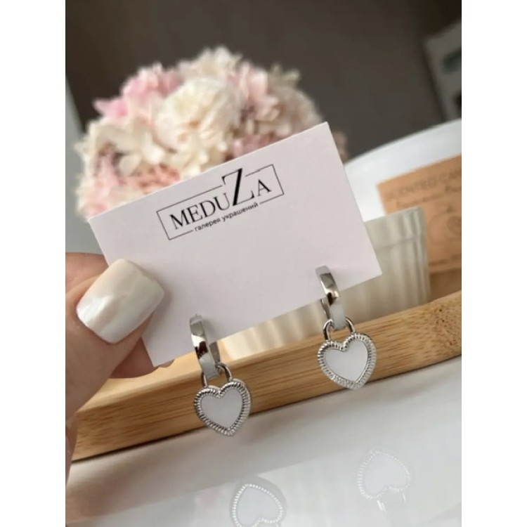 Серьги двухсторонние сердечки на серебряных кольцах Meduza Crystal