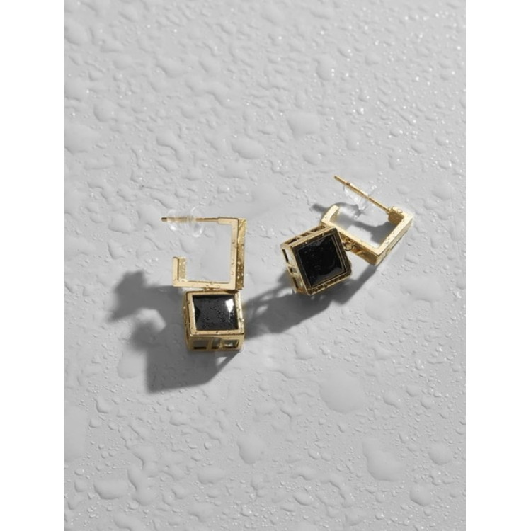 Серьги с чёрным  цирконом в золоте Meduza Crystal