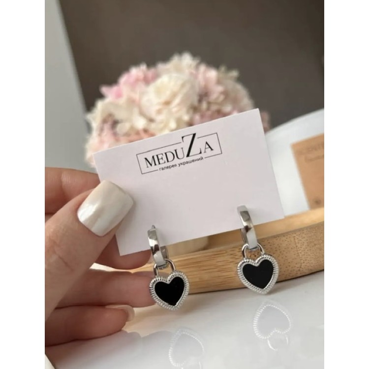 Серьги двухсторонние сердечки на серебряных кольцах Meduza Crystal
