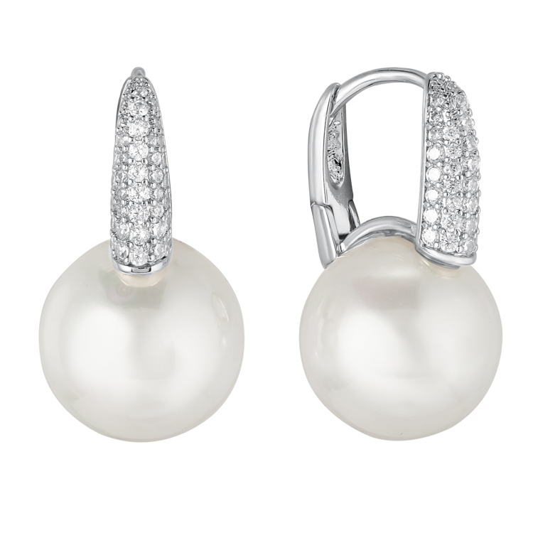 Серьги с жемчугом Майорка с цирконами в белом золоте