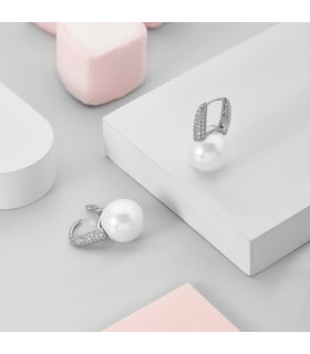 Серьги с жемчугом Майорка с цирконами в белом золоте