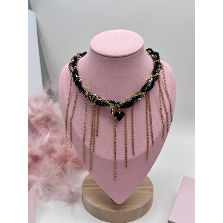 Чокер многослойный с черным сердцем в золоте Meduza Crystal