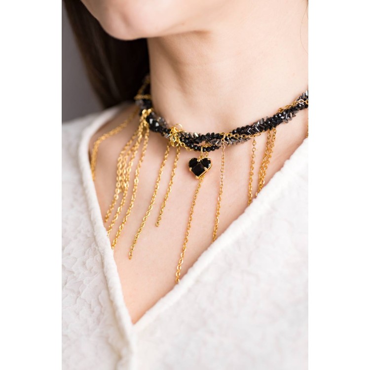 Чокер многослойный с черным сердцем в золоте Meduza Crystal