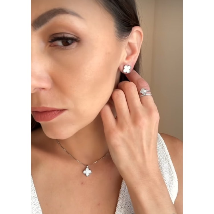 Серьги Ванклиф серебристые c белой вставкой Meduza Crystal