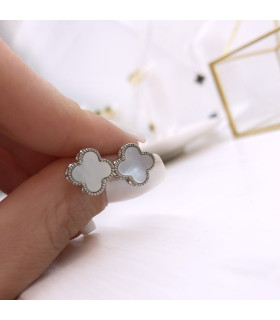 Серьги Ванклиф серебристые перламутр с цирконом 