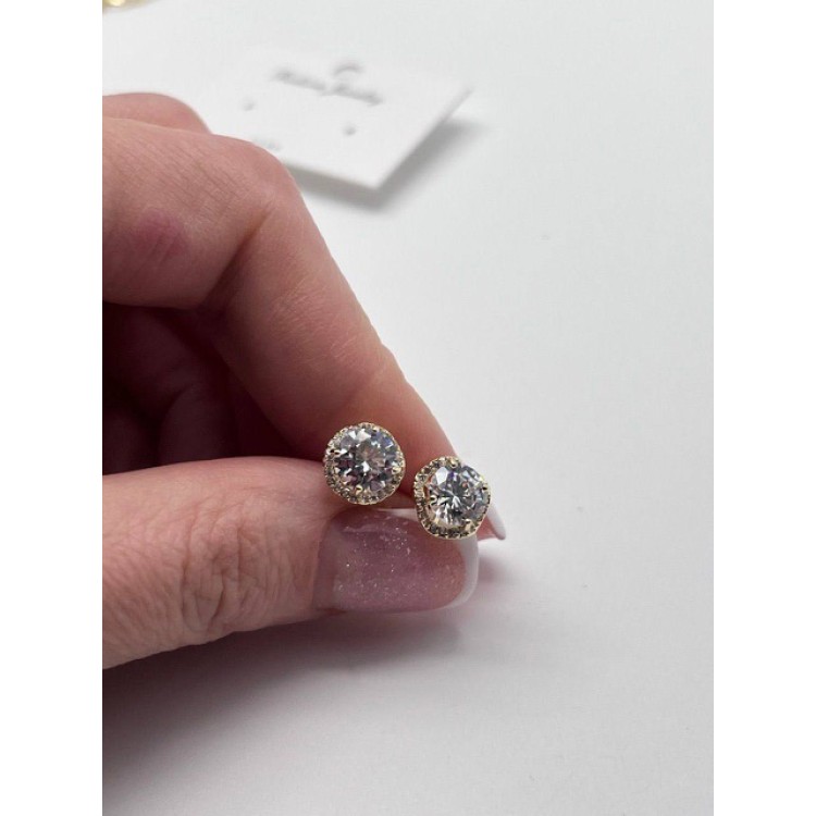 Серьги пусеты с крупным цирконом в золоте Meduza Crystal