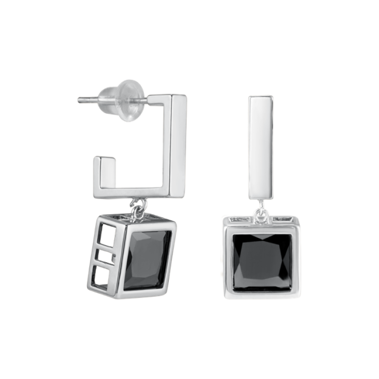 Серьги с чёрным  цирконом серебристые Meduza Crystal