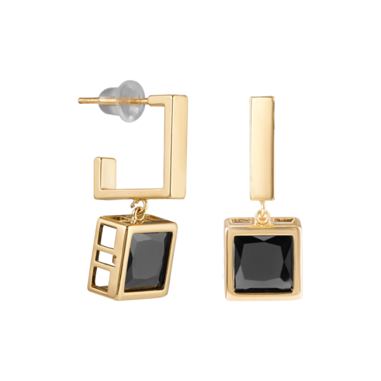 Серьги с чёрным  цирконом в золоте Meduza Crystal