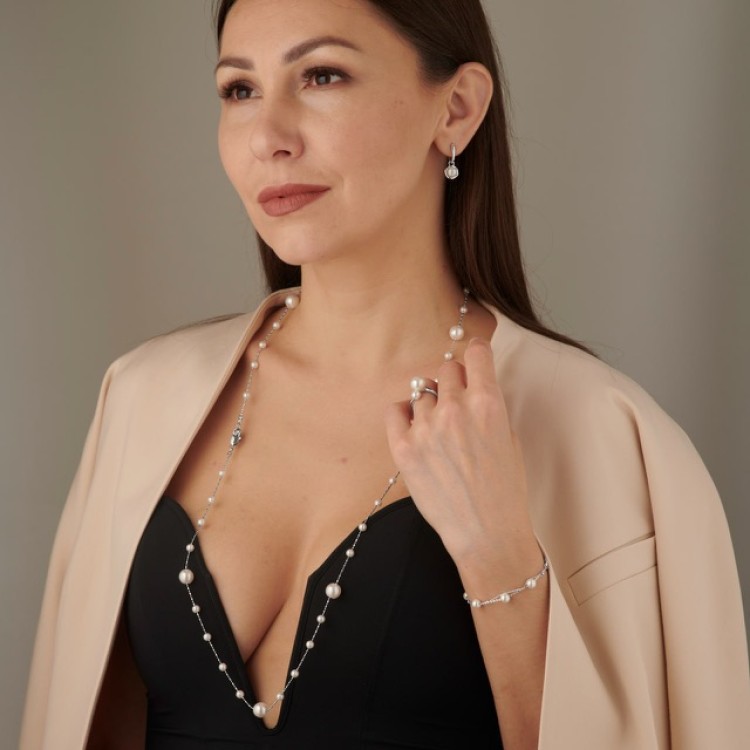 Подвеска длинная с жемчугом в белом золоте Meduza Crystal