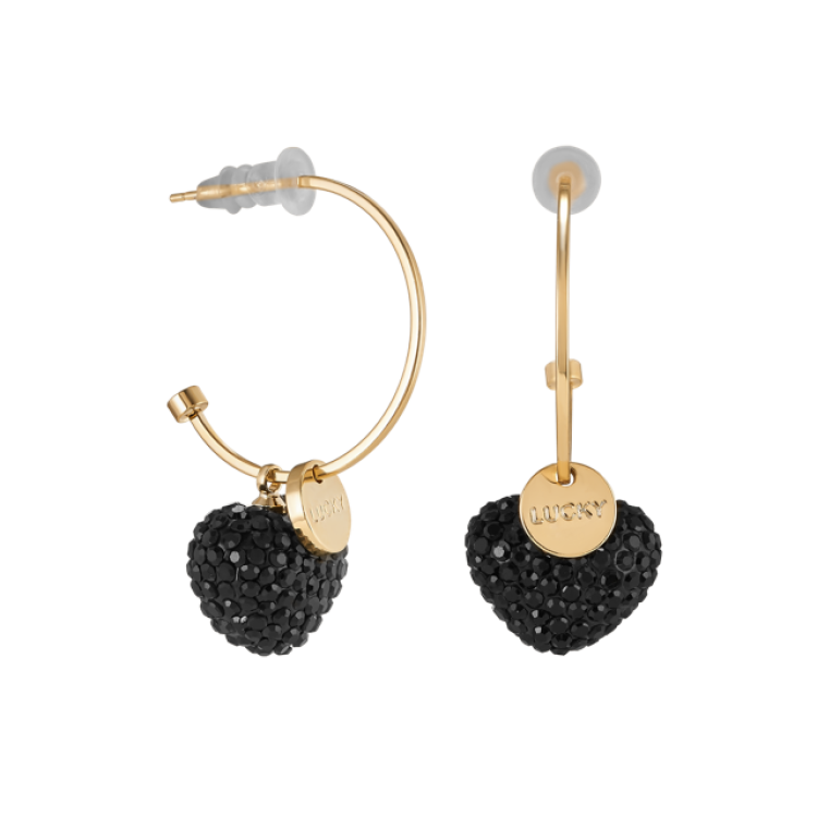 Серьги Сердца с черными цирконами в золоте Meduza Crystal