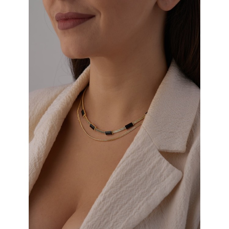 Колье двойное с черным цирконом в золоте Meduza Crystal