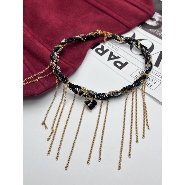 Чокер многослойный с черным сердцем в золоте Meduza Crystal
