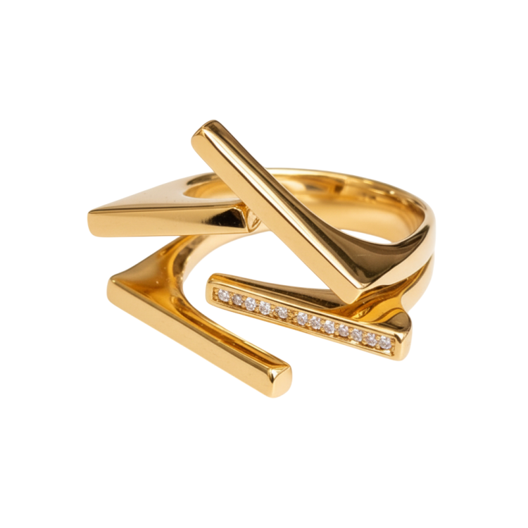 Кольцо асимметрия с цирконами в золоте Meduza Crystal
