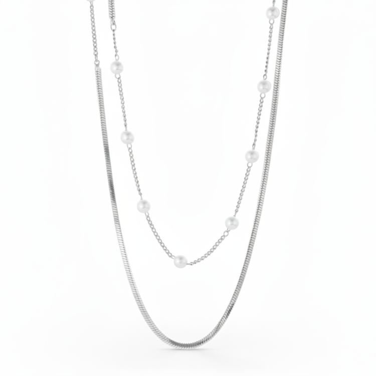 Колье длинное с жемчугом серебристое Meduza Crystal