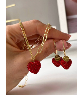 Серьги Сердца с красными цирконами в золоте