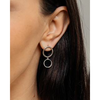 Серьги асимметрия двойной круг  с черной эмалью в серебре 
