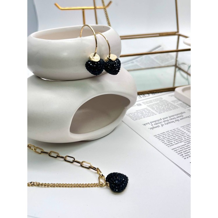 Серьги Сердца с черными цирконами в золоте Meduza Crystal